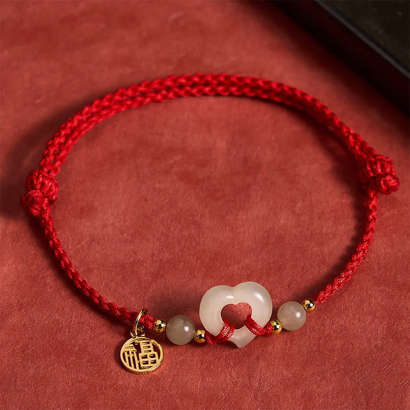 Buddha Stones Hetian Jade Heart Ring Fu Character Protection Bracelet