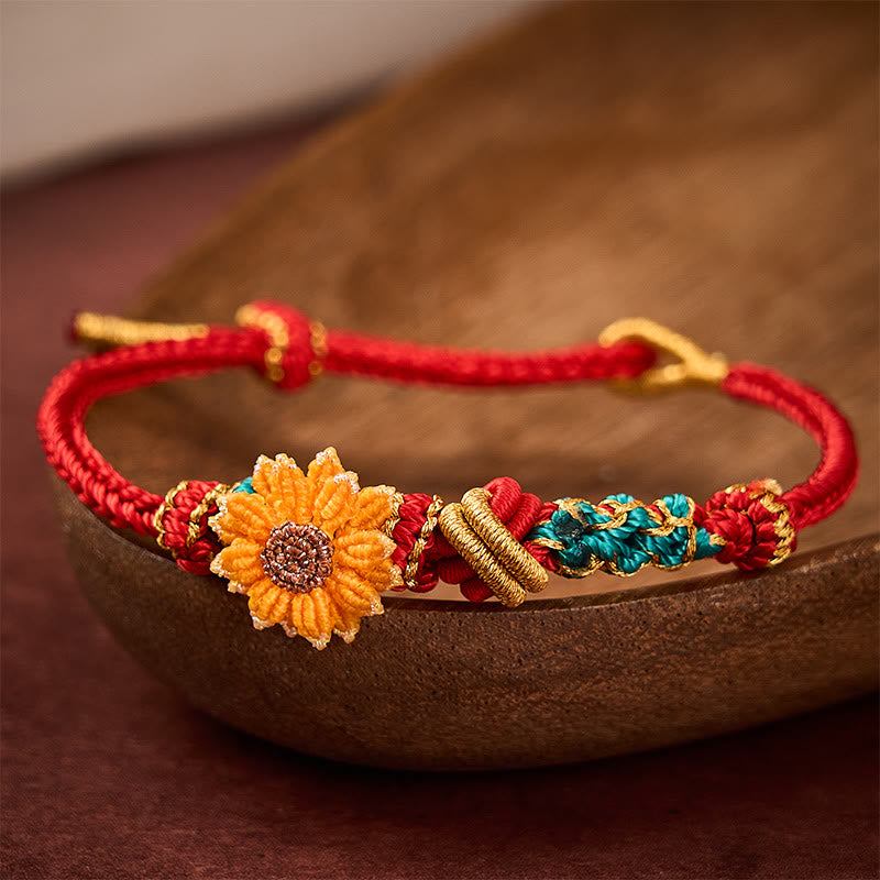 Buddha Stones Hand-Woven Red String Peach Blossom Sunflower Luck Bracelet