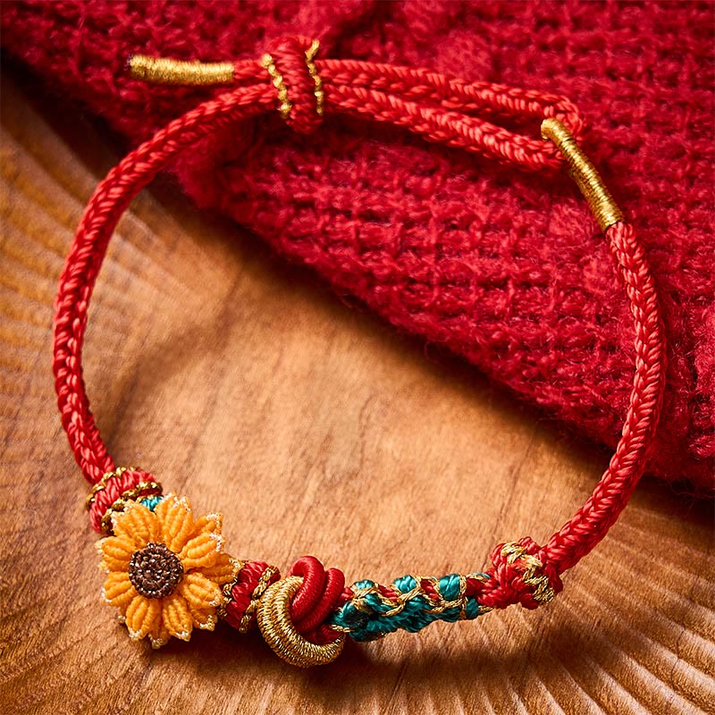 EverestArtstudios Hand-Woven Red String Peach Blossom Sunflower Luck Bracelet