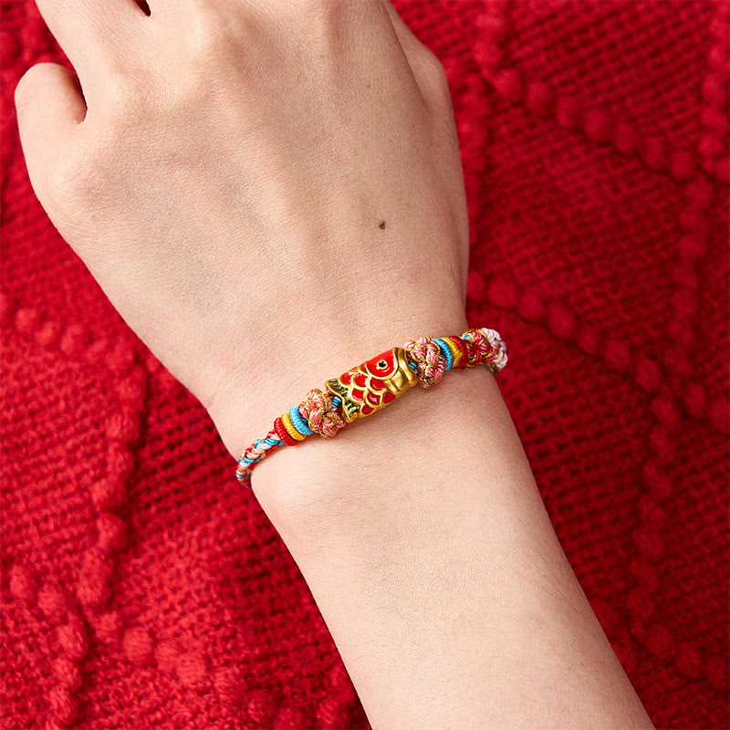 Buddha Stones Hand-Woven Peach Blossom Koi Fish Success Rope Bracelet