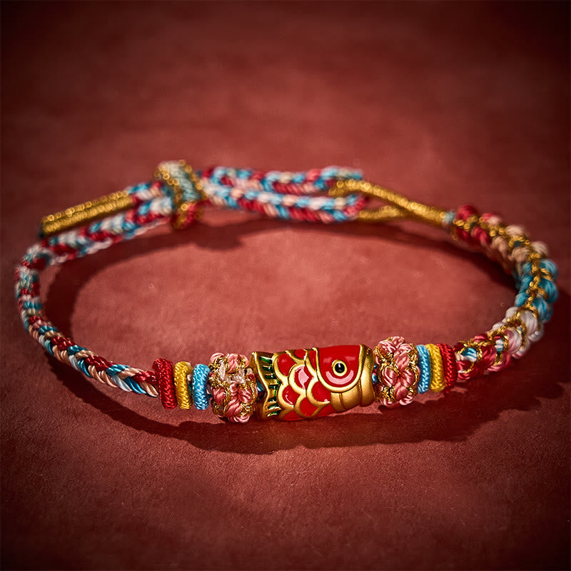 Buddha Stones Hand-Woven Peach Blossom Koi Fish Success Rope Bracelet