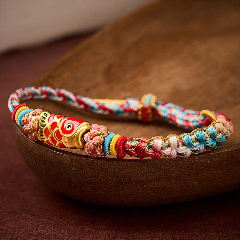 Buddha Stones Hand-Woven Peach Blossom Koi Fish Success Rope Bracelet