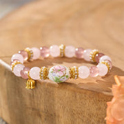 Buddha Stones Natural Strawberry Quartz Rose Quartz Ceramic Barrel Bead Lotus Pendant Clarity Round Bead Bracelet
