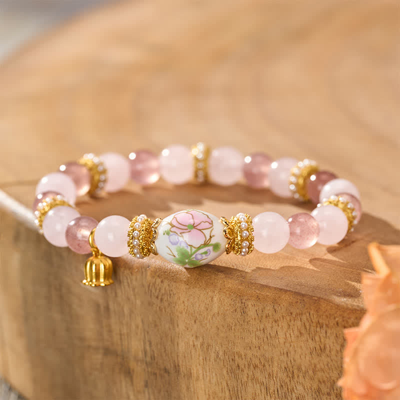 Buddha Stones Natural Strawberry Quartz Rose Quartz Ceramic Barrel Bead Lotus Pendant Clarity Round Bead Bracelet