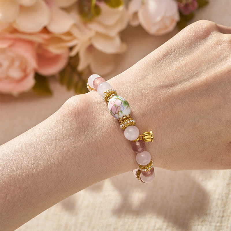 Buddha Stones Natural Strawberry Quartz Rose Quartz Ceramic Barrel Bead Lotus Pendant Clarity Round Bead Bracelet