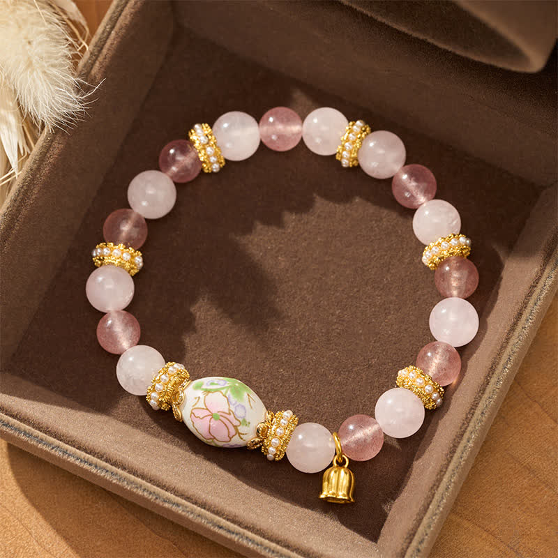 Buddha Stones Natural Strawberry Quartz Rose Quartz Ceramic Barrel Bead Lotus Pendant Clarity Round Bead Bracelet