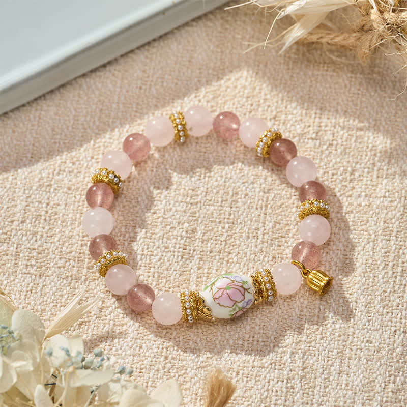 Buddha Stones Natural Strawberry Quartz Rose Quartz Ceramic Barrel Bead Lotus Pendant Clarity Round Bead Bracelet