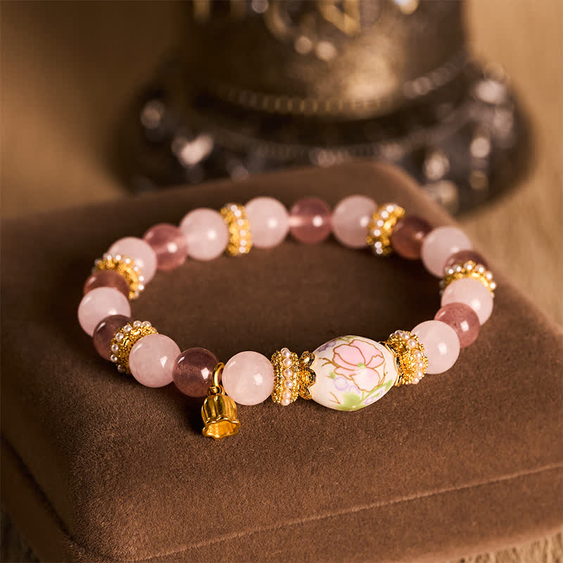 Buddha Stones Natural Strawberry Quartz Rose Quartz Ceramic Barrel Bead Lotus Pendant Clarity Round Bead Bracelet