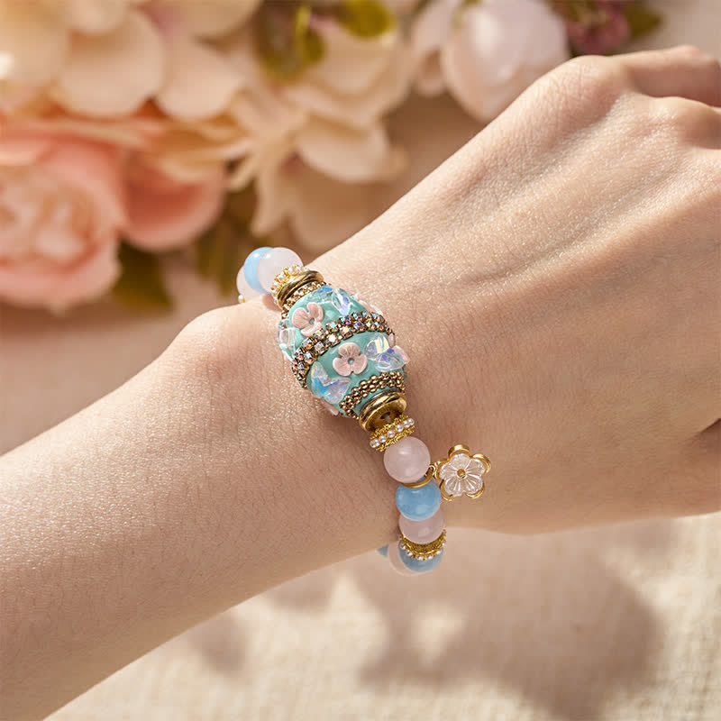 Buddha Stones Rose Quartz Blue Chalcedony Copper Barrel Bead Flower Pendant Love Round Bead Bracelet