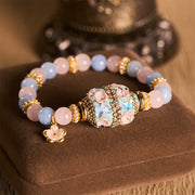 Buddha Stones Rose Quartz Blue Chalcedony Copper Barrel Bead Flower Pendant Love Round Bead Bracelet
