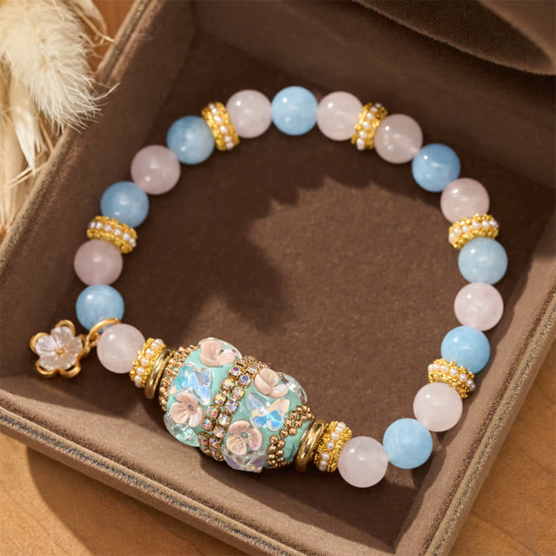 Buddha Stones Rose Quartz Blue Chalcedony Copper Barrel Bead Flower Pendant Love Round Bead Bracelet