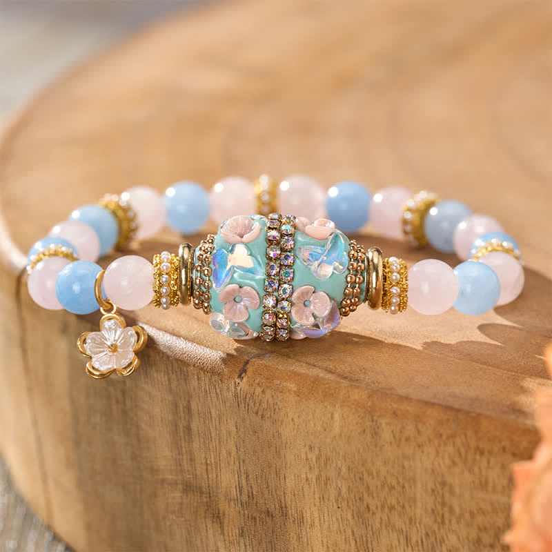 Buddha Stones Rose Quartz Blue Chalcedony Copper Barrel Bead Flower Pendant Love Round Bead Bracelet