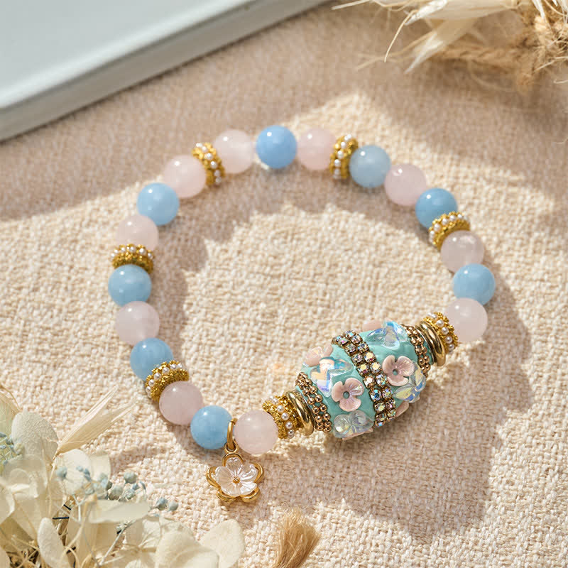 Buddha Stones Rose Quartz Blue Chalcedony Copper Barrel Bead Flower Pendant Love Round Bead Bracelet