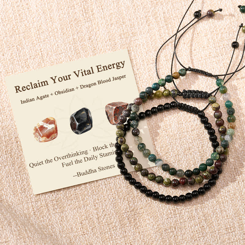 Buddha Stones 3pcs "Reclaim Your Vital Energy" Indian Agate Transformation Bracelet Includes Gift Message Card