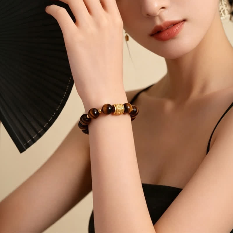 Buddha Stones Tiger Eye Black Obsidian Courage Beads Bracelet