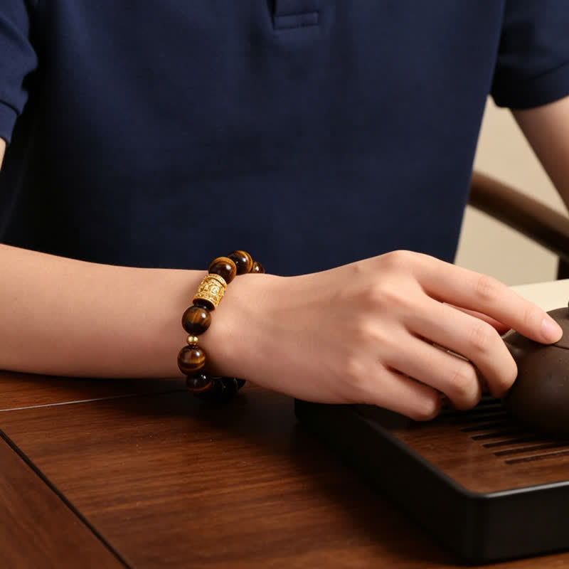 Buddha Stones Tiger Eye Black Obsidian Courage Beads Bracelet