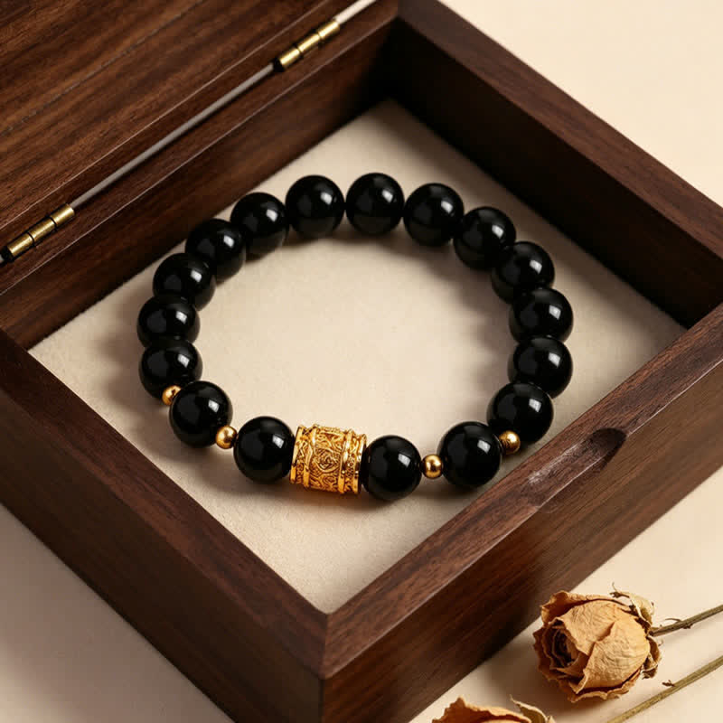 Buddha Stones Tiger Eye Black Obsidian Courage Beads Bracelet