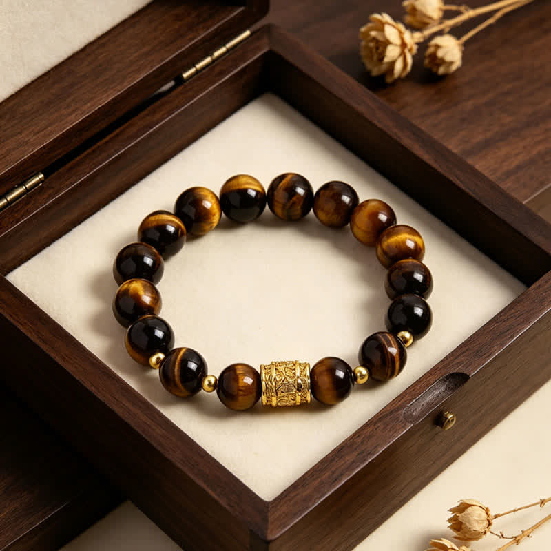 Buddha Stones Tiger Eye Black Obsidian Courage Beads Bracelet