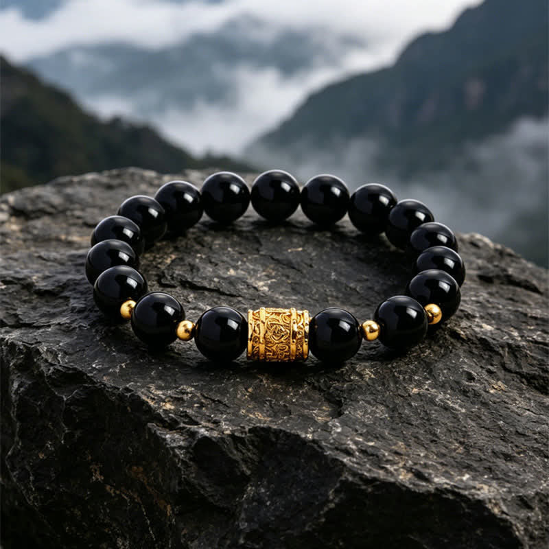 Buddha Stones Tiger Eye Black Obsidian Courage Beads Bracelet