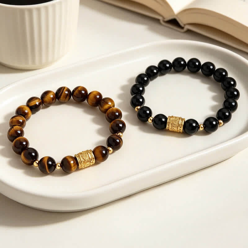 Buddha Stones Tiger Eye Black Obsidian Courage Beads Bracelet