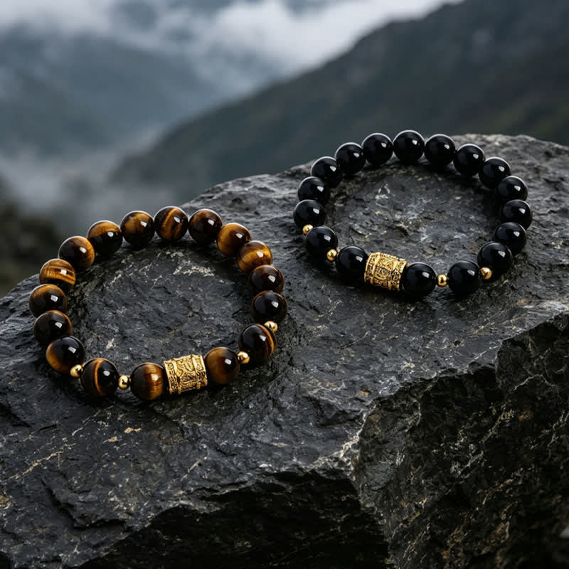 Buddha Stones Tiger Eye Black Obsidian Courage Beads Bracelet