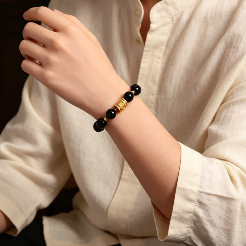 Buddha Stones Tiger Eye Black Obsidian Courage Beads Bracelet