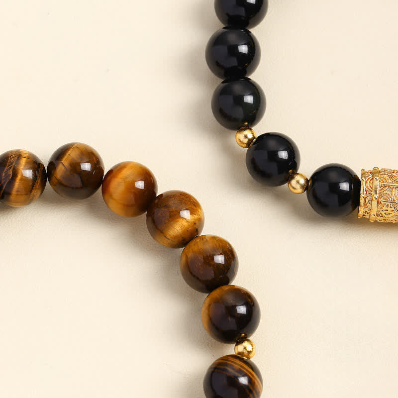 Buddha Stones Tiger Eye Black Obsidian Courage Beads Bracelet
