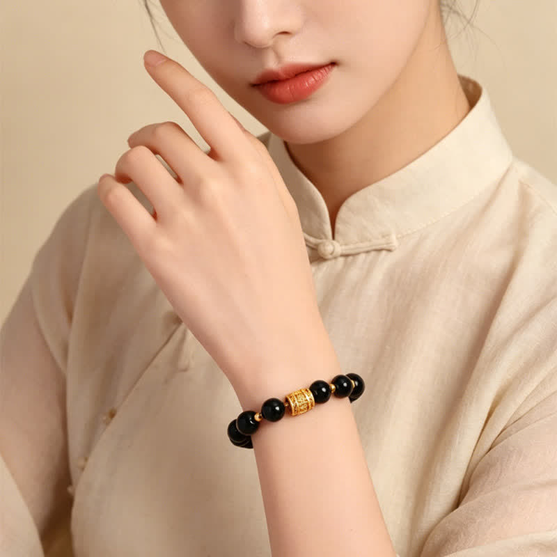 Buddha Stones Tiger Eye Black Obsidian Courage Beads Bracelet