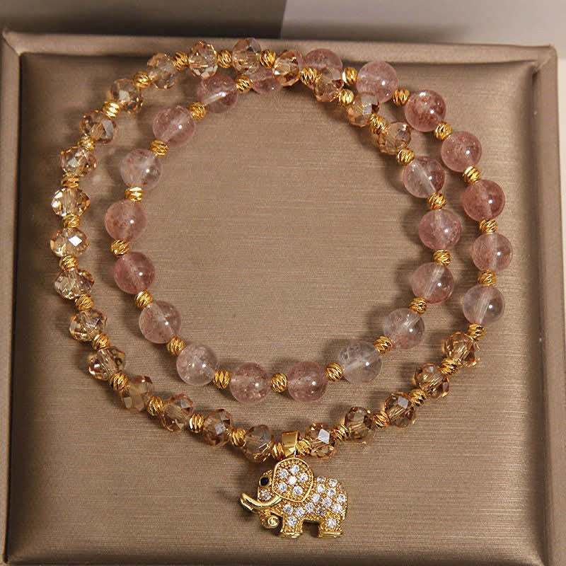Buddha Stones Double Wrap Strawberry Quartz Elephant Healing Bracelet