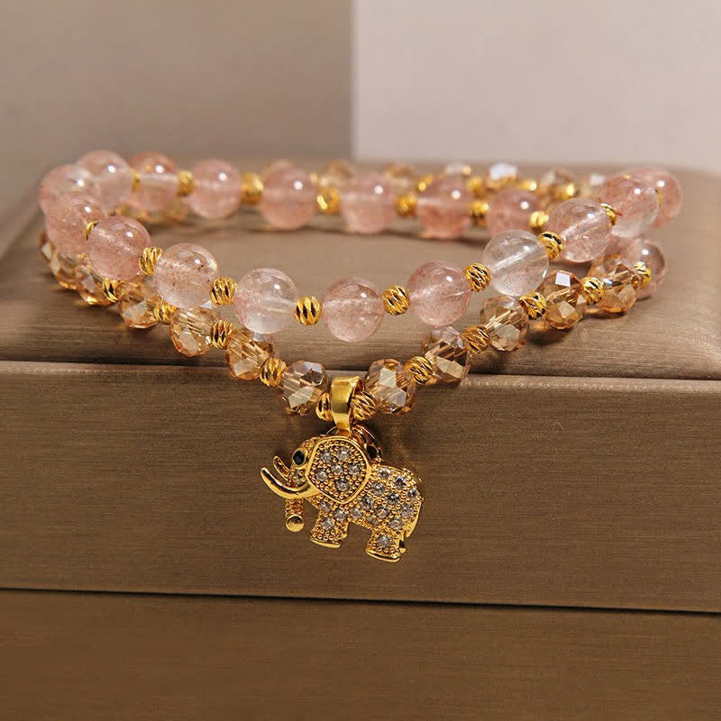 Buddha Stones Double Wrap Strawberry Quartz Elephant Healing Bracelet