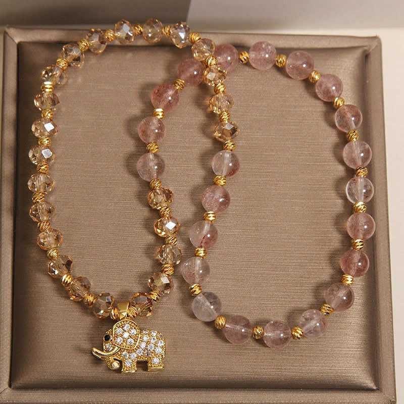 Buddha Stones Double Wrap Strawberry Quartz Elephant Healing Bracelet