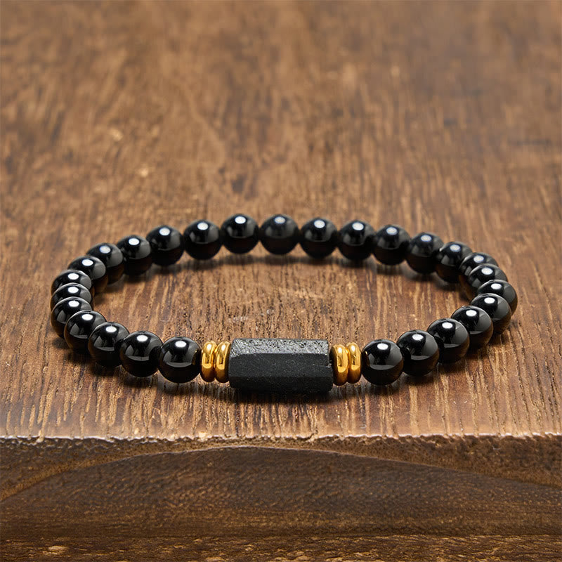 Buddha Stones Black Obsidian Black Tourmaline Protection Minimalist Round Bead Bracelet