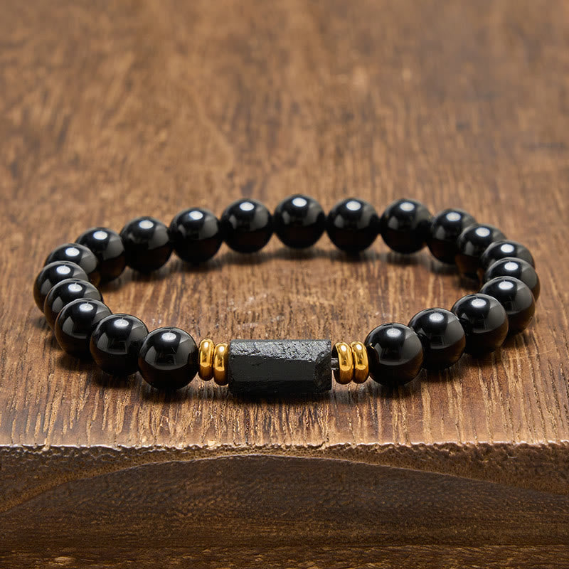 Buddha Stones Black Obsidian Black Tourmaline Protection Minimalist Round Bead Bracelet