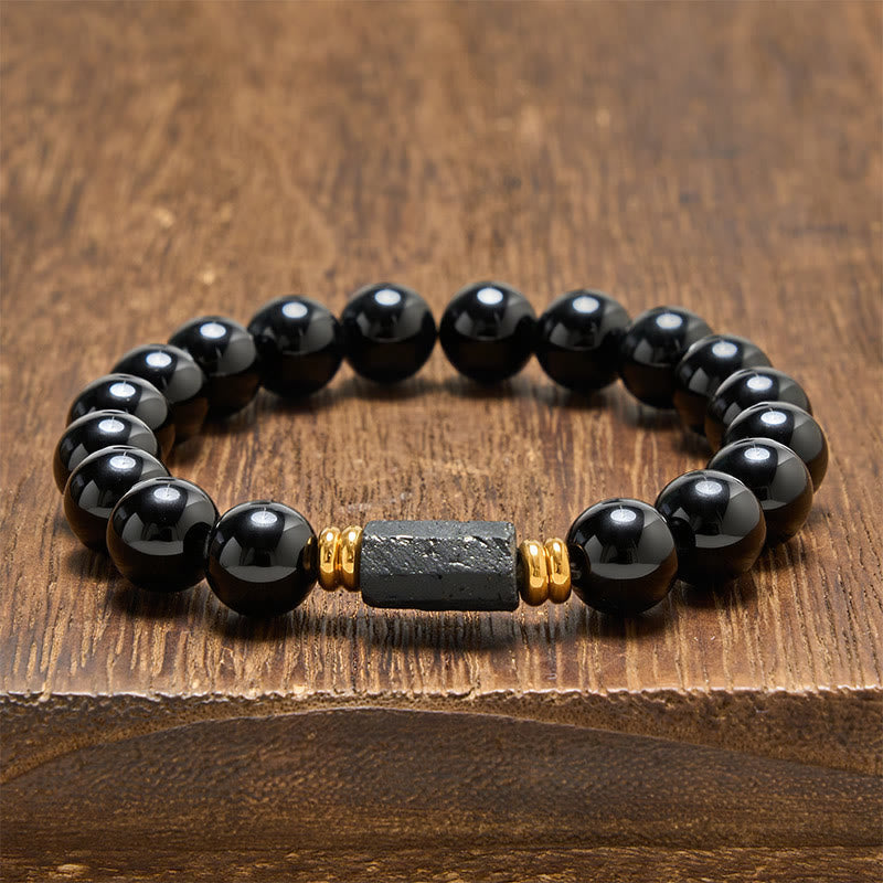 Buddha Stones Black Obsidian Black Tourmaline Protection Minimalist Round Bead Bracelet