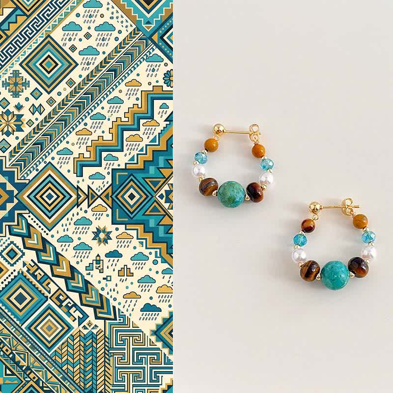 EverestArtStudios Turquoise Tiger Eye Pearl Handmade Protection Earrings