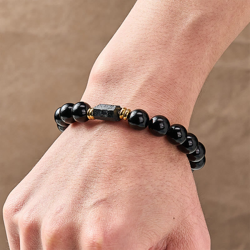 Buddha Stones Black Obsidian Black Tourmaline Protection Minimalist Round Bead Bracelet