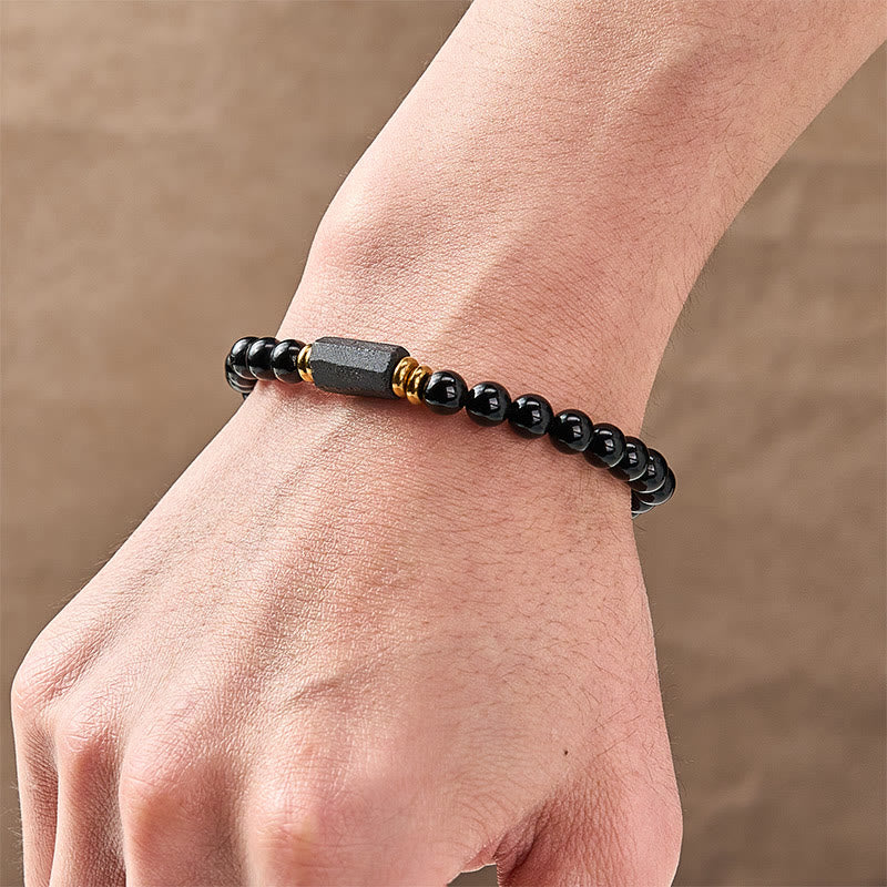 Buddha Stones Black Obsidian Black Tourmaline Protection Minimalist Round Bead Bracelet