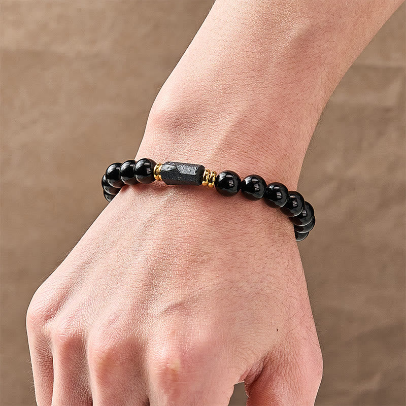Buddha Stones Black Obsidian Black Tourmaline Protection Minimalist Round Bead Bracelet