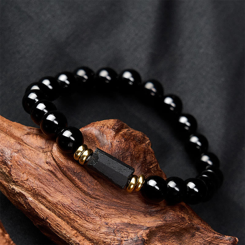 Buddha Stones Black Obsidian Black Tourmaline Protection Minimalist Round Bead Bracelet