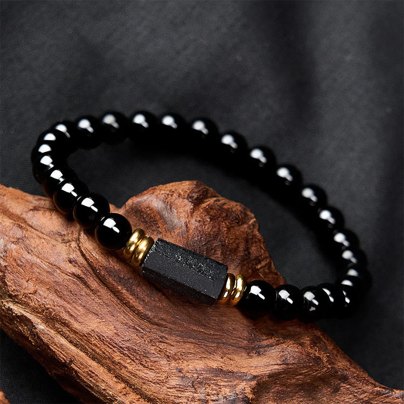 Buddha Stones Black Obsidian Black Tourmaline Protection Minimalist Round Bead Bracelet