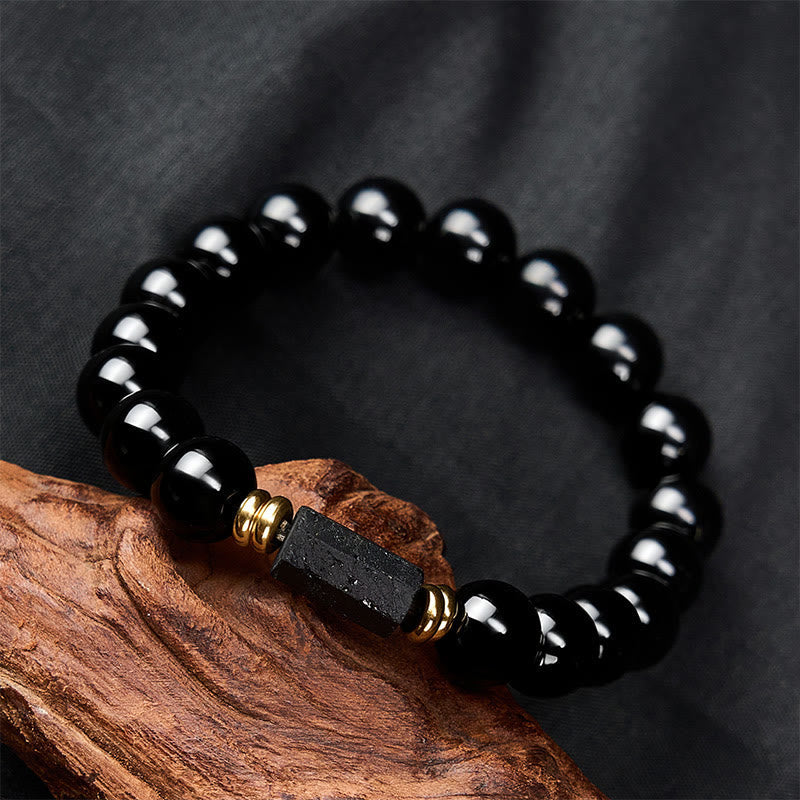 Buddha Stones Black Obsidian Black Tourmaline Protection Minimalist Round Bead Bracelet