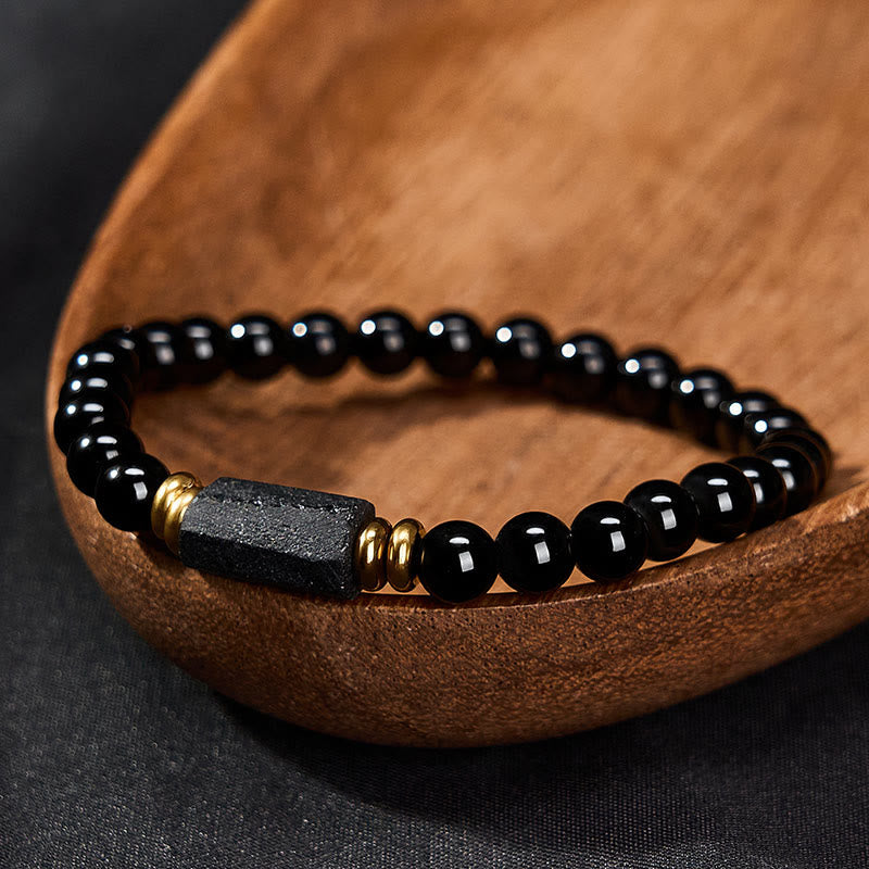 Buddha Stones Black Obsidian Black Tourmaline Protection Minimalist Round Bead Bracelet
