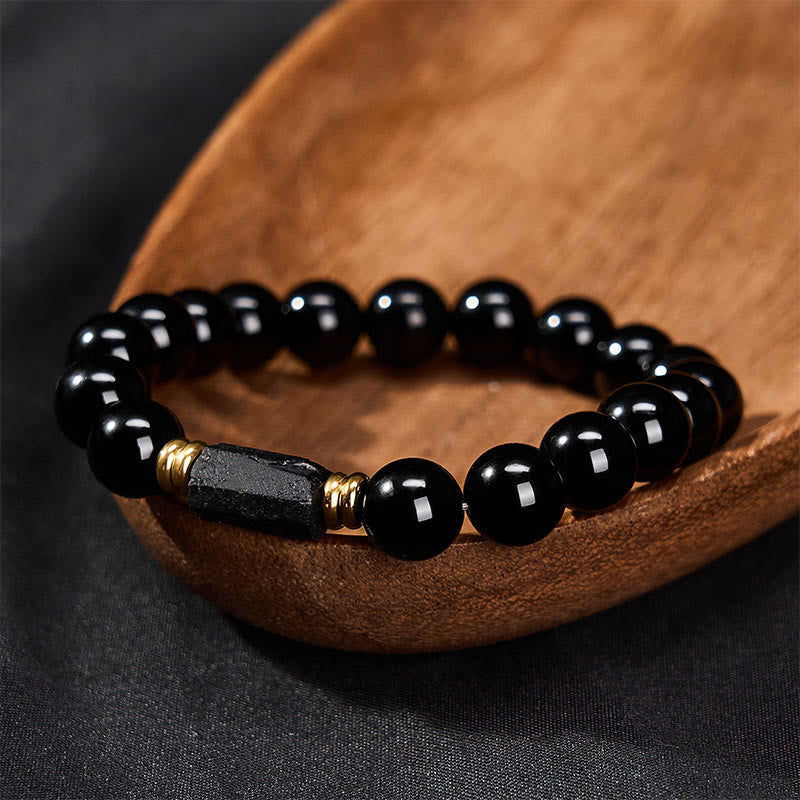 Buddha Stones Black Obsidian Black Tourmaline Protection Minimalist Round Bead Bracelet