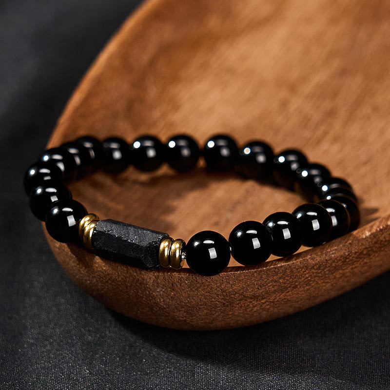 Buddha Stones Black Obsidian Black Tourmaline Protection Minimalist Round Bead Bracelet