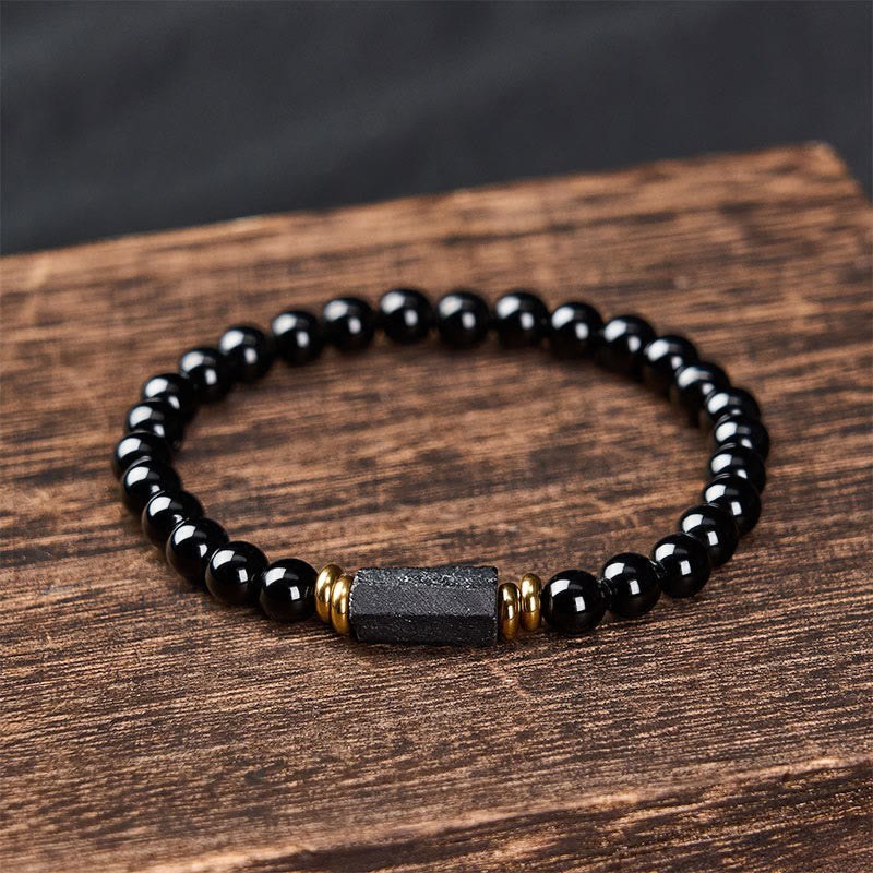 Buddha Stones Black Obsidian Black Tourmaline Protection Minimalist Round Bead Bracelet
