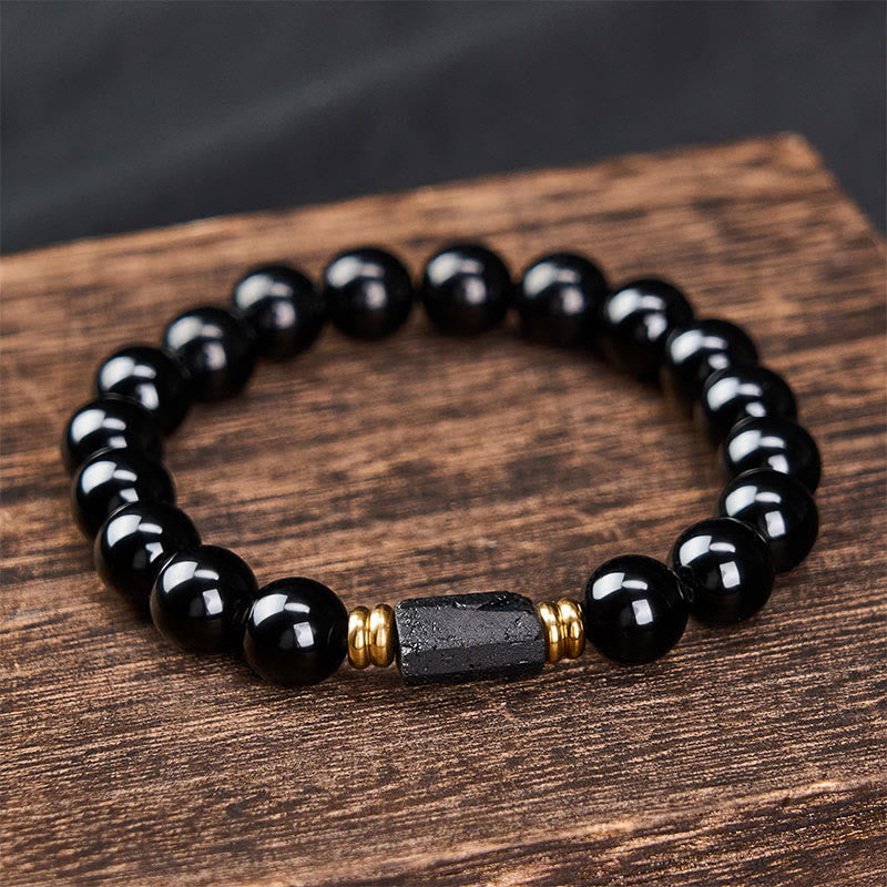 Buddha Stones Black Obsidian Black Tourmaline Protection Minimalist Round Bead Bracelet