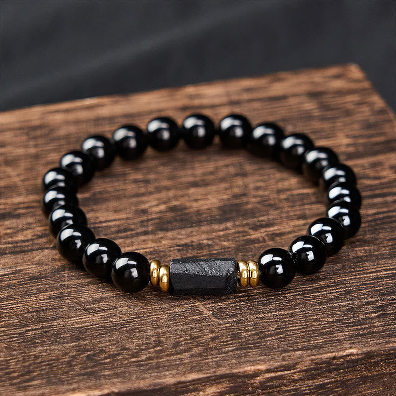 Buddha Stones Black Obsidian Black Tourmaline Protection Minimalist Round Bead Bracelet