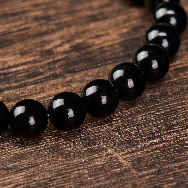 Buddha Stones Black Obsidian Black Tourmaline Protection Minimalist Round Bead Bracelet