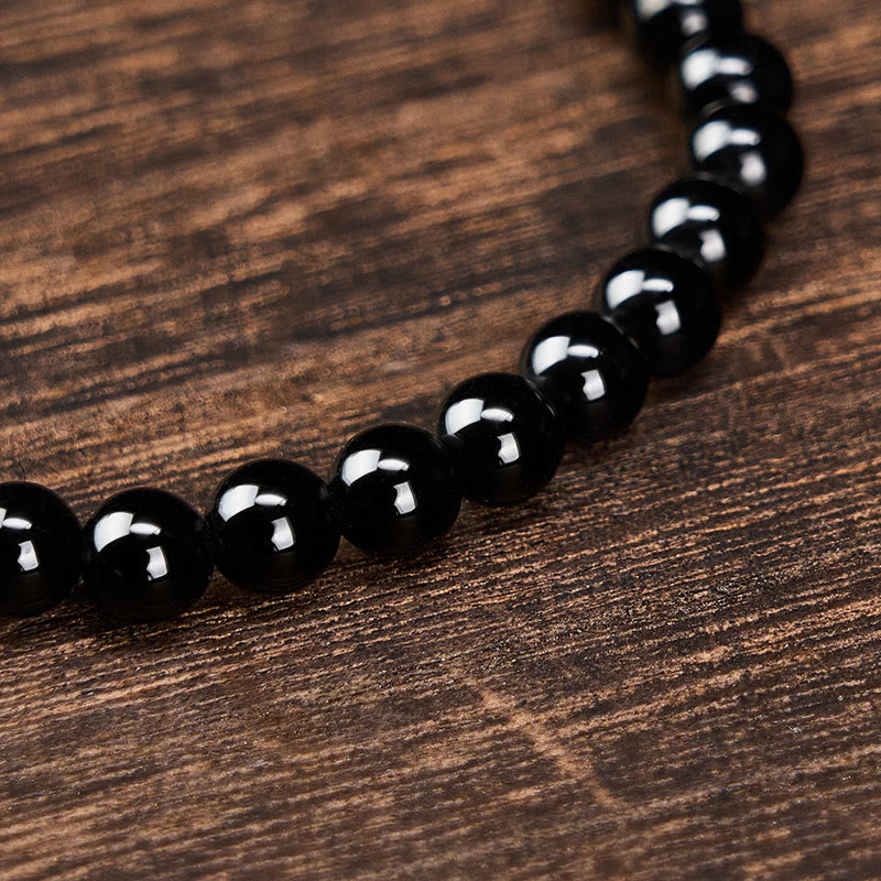 Buddha Stones Black Obsidian Black Tourmaline Protection Minimalist Round Bead Bracelet