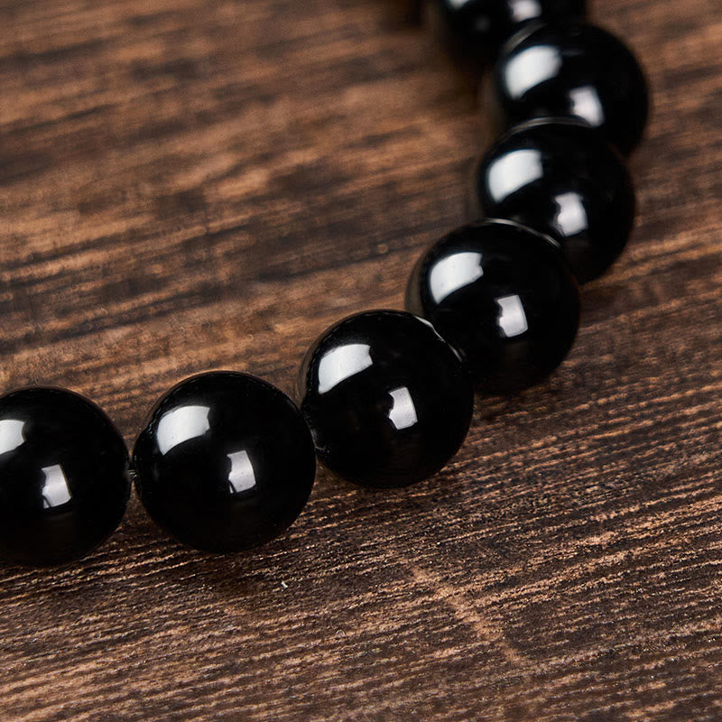 Buddha Stones Black Obsidian Black Tourmaline Protection Minimalist Round Bead Bracelet